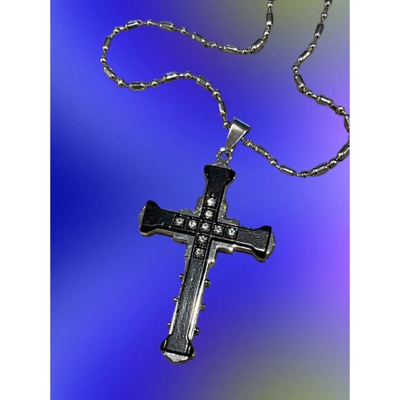 Mens Steel Cross 24 in  Pendant Necklaces Stainless Zircon Gift for Graduation - Picture 7 of 8